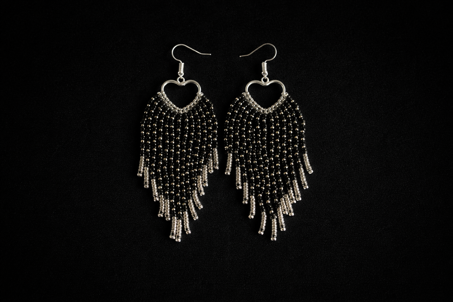Handmade Black Beaded Fringe Heart Earrings | Boho Silver Dangle Statement Earrings