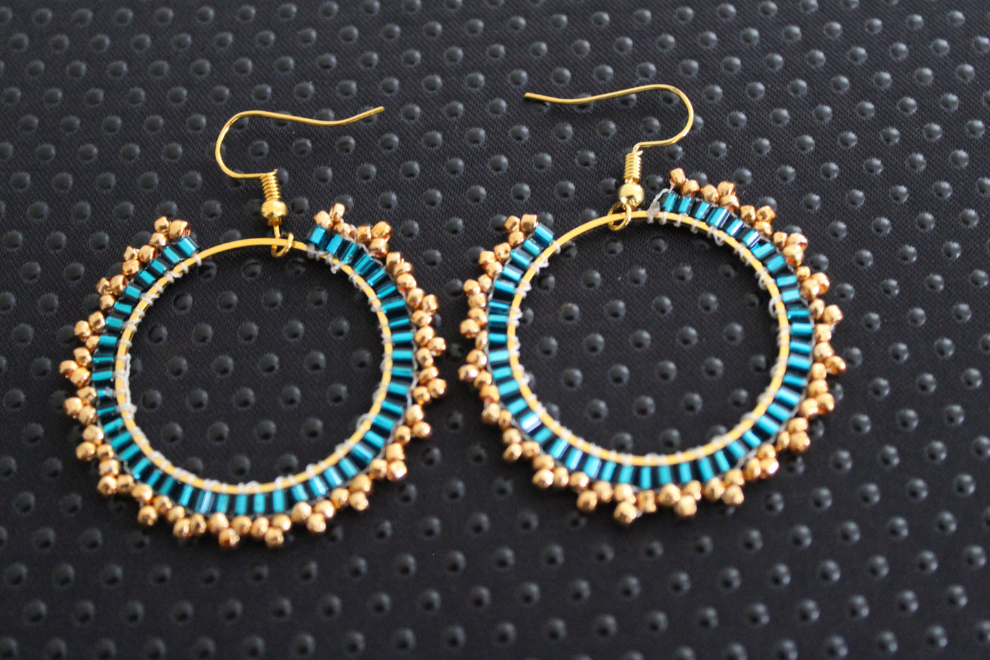 Handmade Teal & Gold Beaded Hoop Earrings
