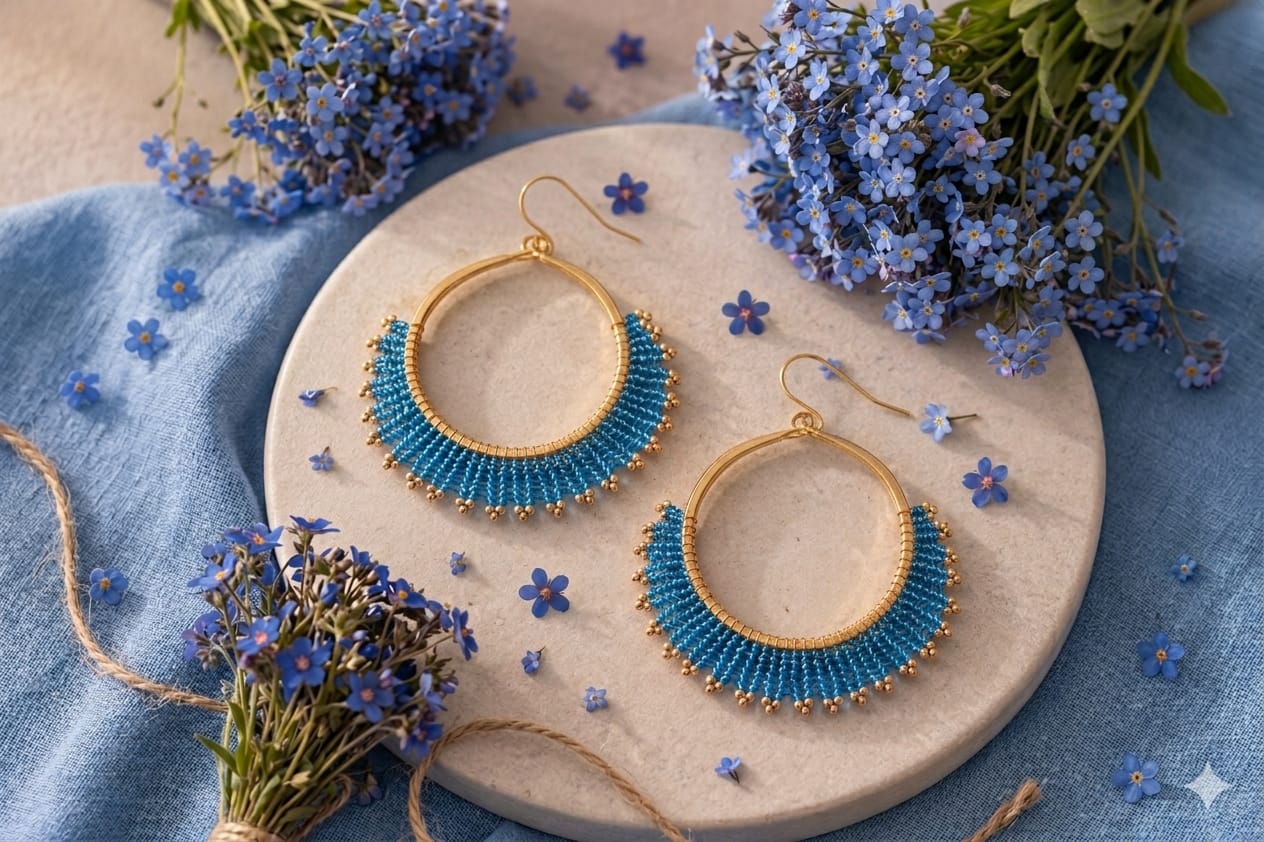 Azure Bloom Beaded Hoop Earrings – Handmade Blue & Gold Statement Earrings