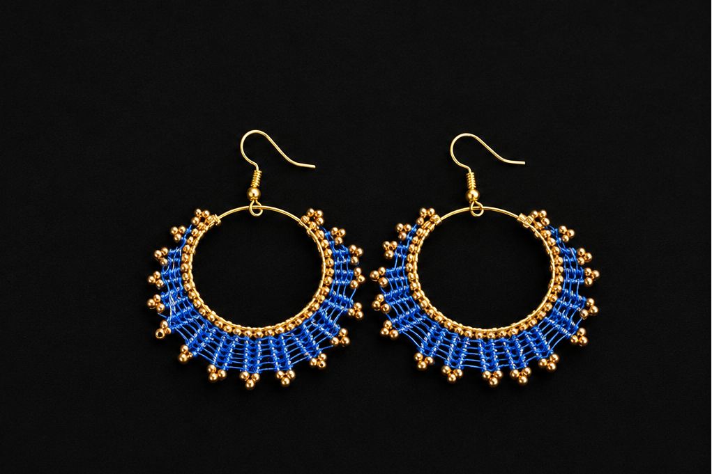 Azure Bloom Beaded Hoop Earrings – Handmade Blue & Gold Statement Earrings