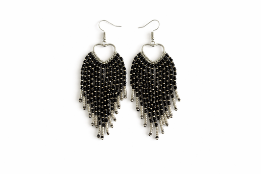 Handmade Black Beaded Fringe Heart Earrings | Boho Silver Dangle Statement Earrings