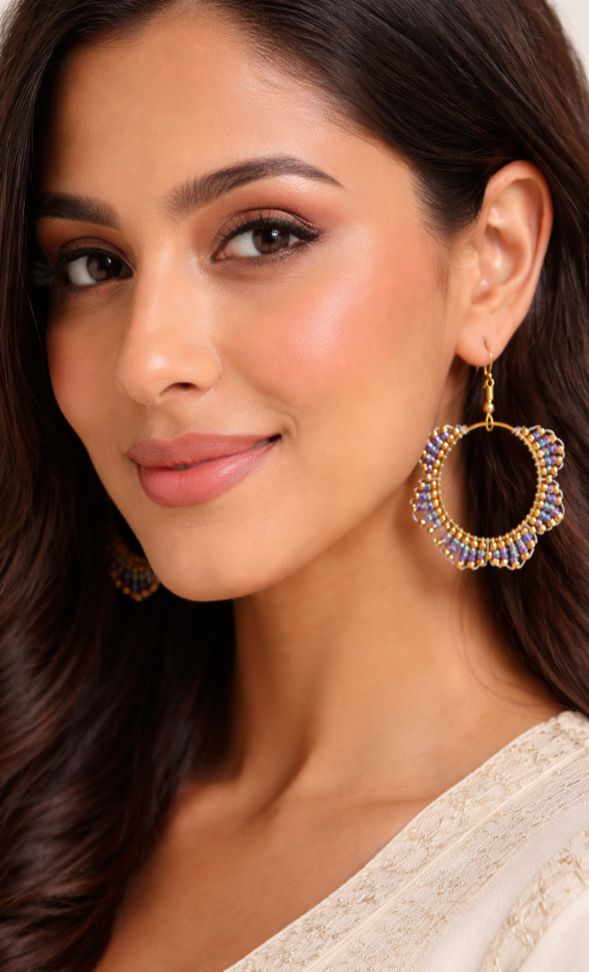 Purple & Gold Beaded Hoop Earrings