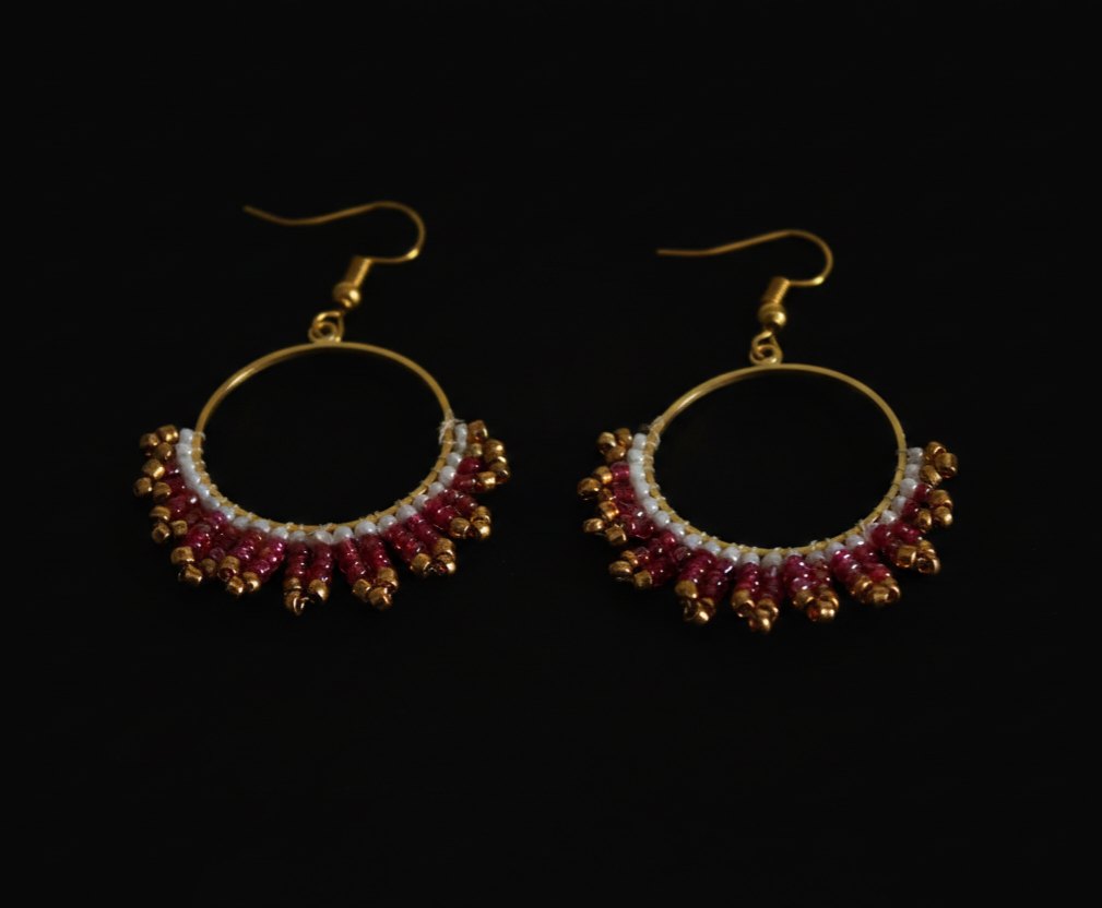 Handmade Pink & White Beaded Hoop Earrings | Golden Accent Boho Dangle Earrings