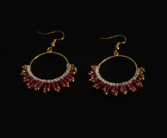 Handmade Pink & White Beaded Hoop Earrings | Golden Accent Boho Dangle Earrings