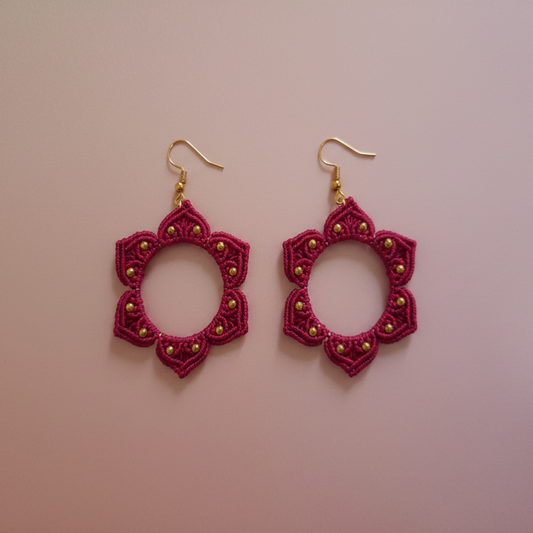 Handmade Magenta Macramé Floral Hoop Earrings | Gold Beaded Boho Statement Earrings