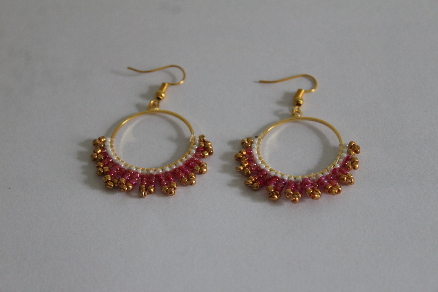 Handmade Pink & White Beaded Hoop Earrings | Golden Accent Boho Dangle Earrings