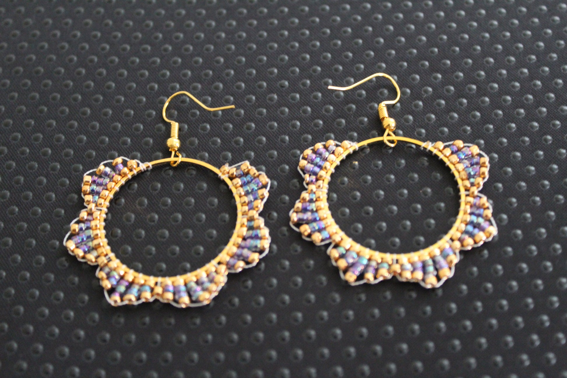 Purple & Gold Beaded Hoop Earrings