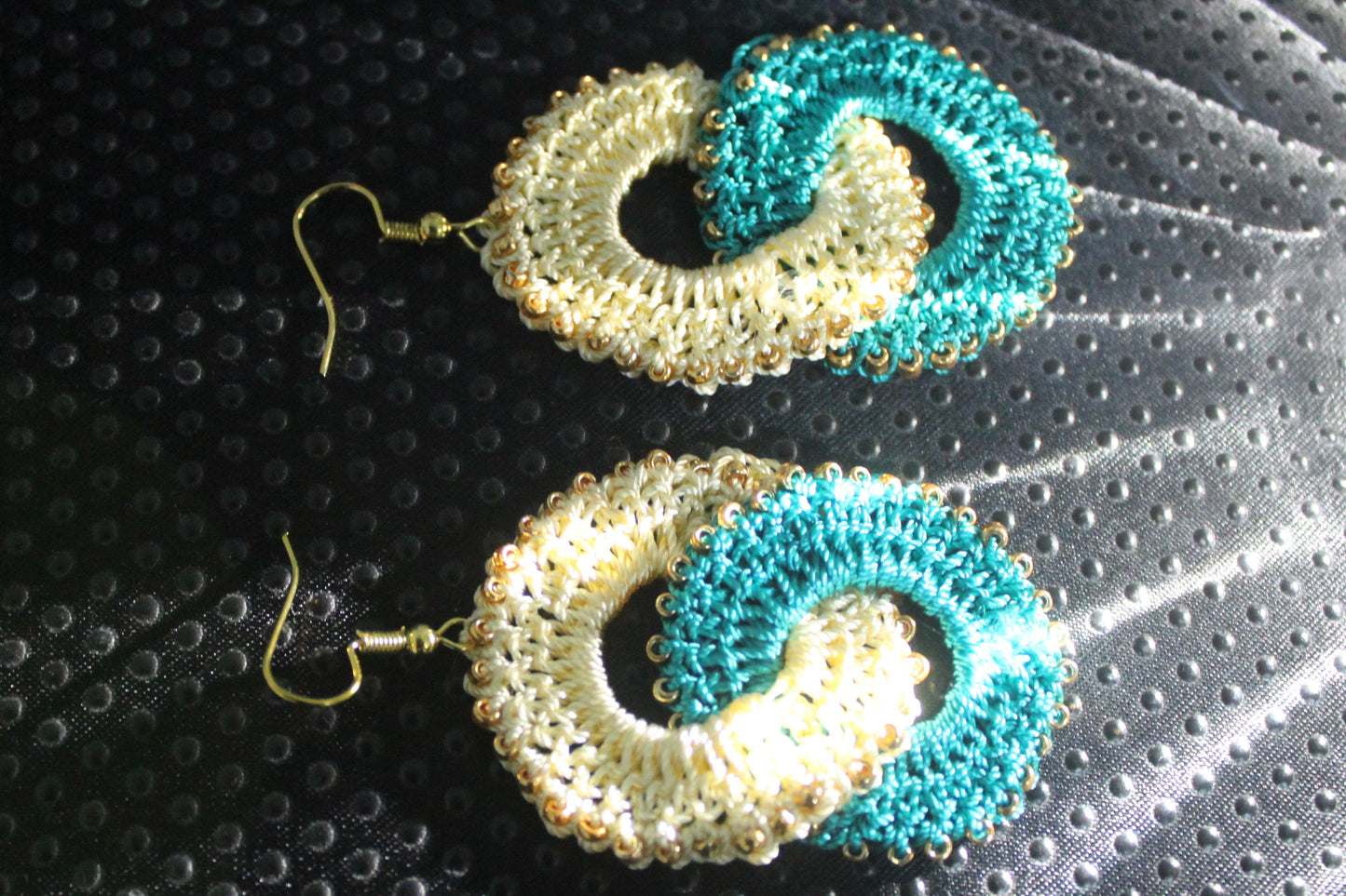 Handcrafted Crochet Infinity Loop Earrings – Turquoise & Ivory Statement Earrings