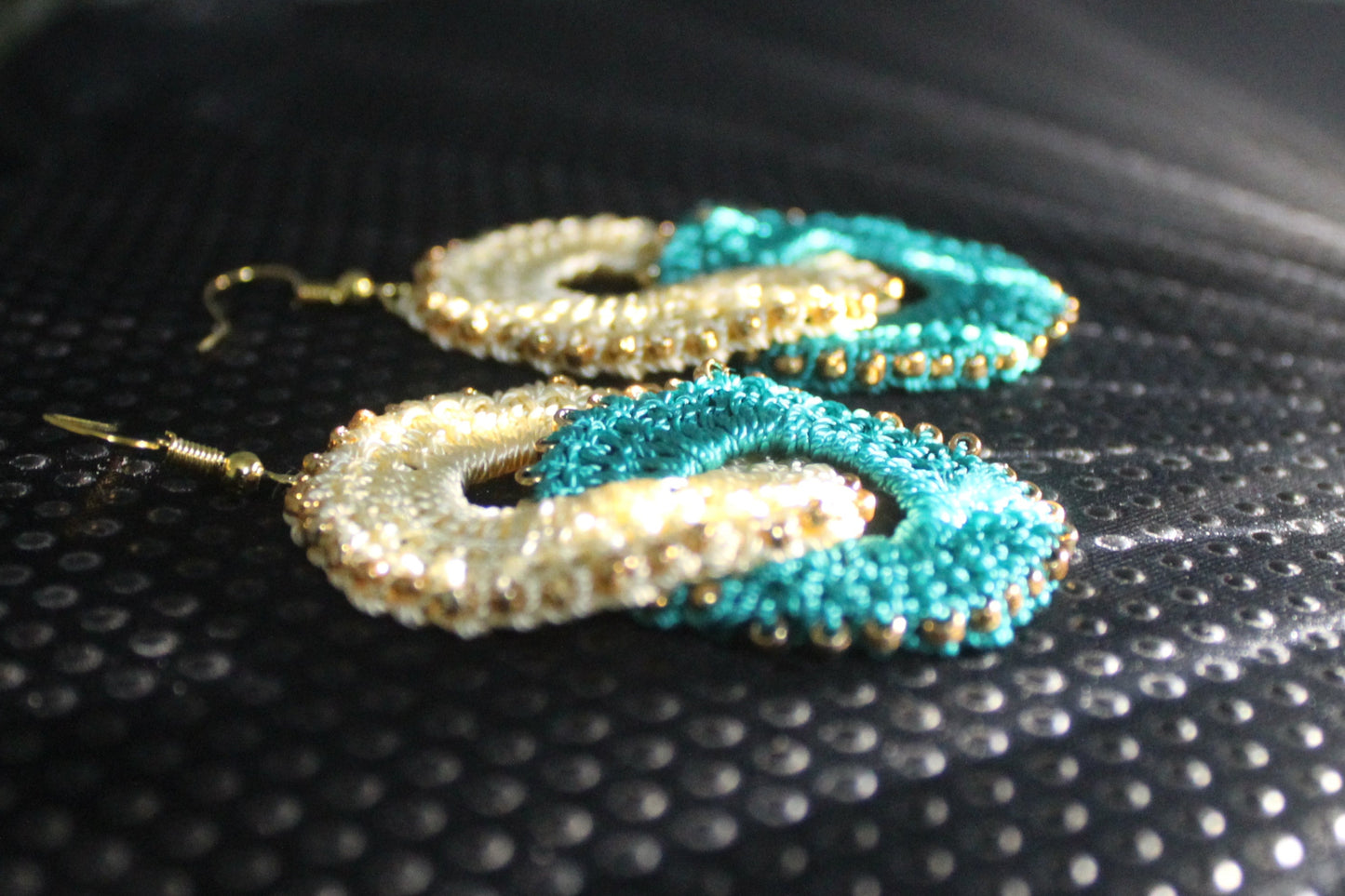 Handcrafted Crochet Infinity Loop Earrings – Turquoise & Ivory Statement Earrings