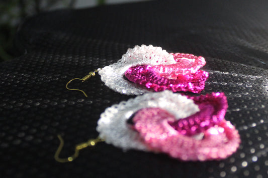 Handcrafted Crochet Infinity Twist Earrings – Pink & White Statement Earrings