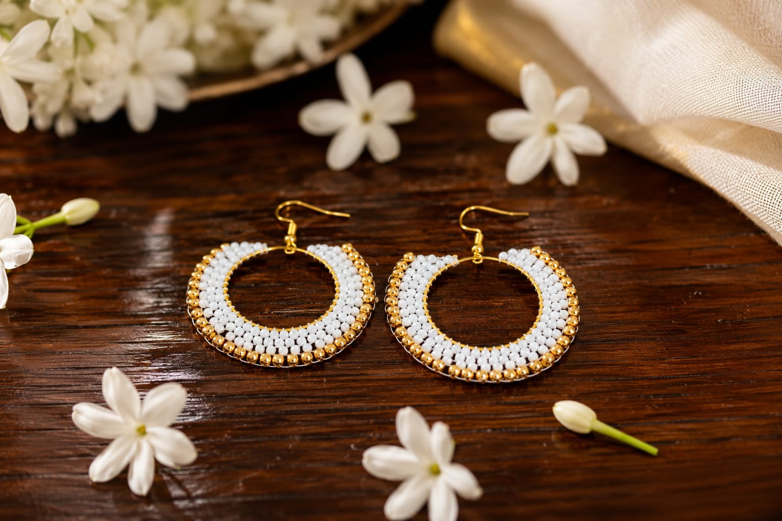 Pearl Glow Beaded Hoop Earrings – Handmade White & Gold Statement Earrings