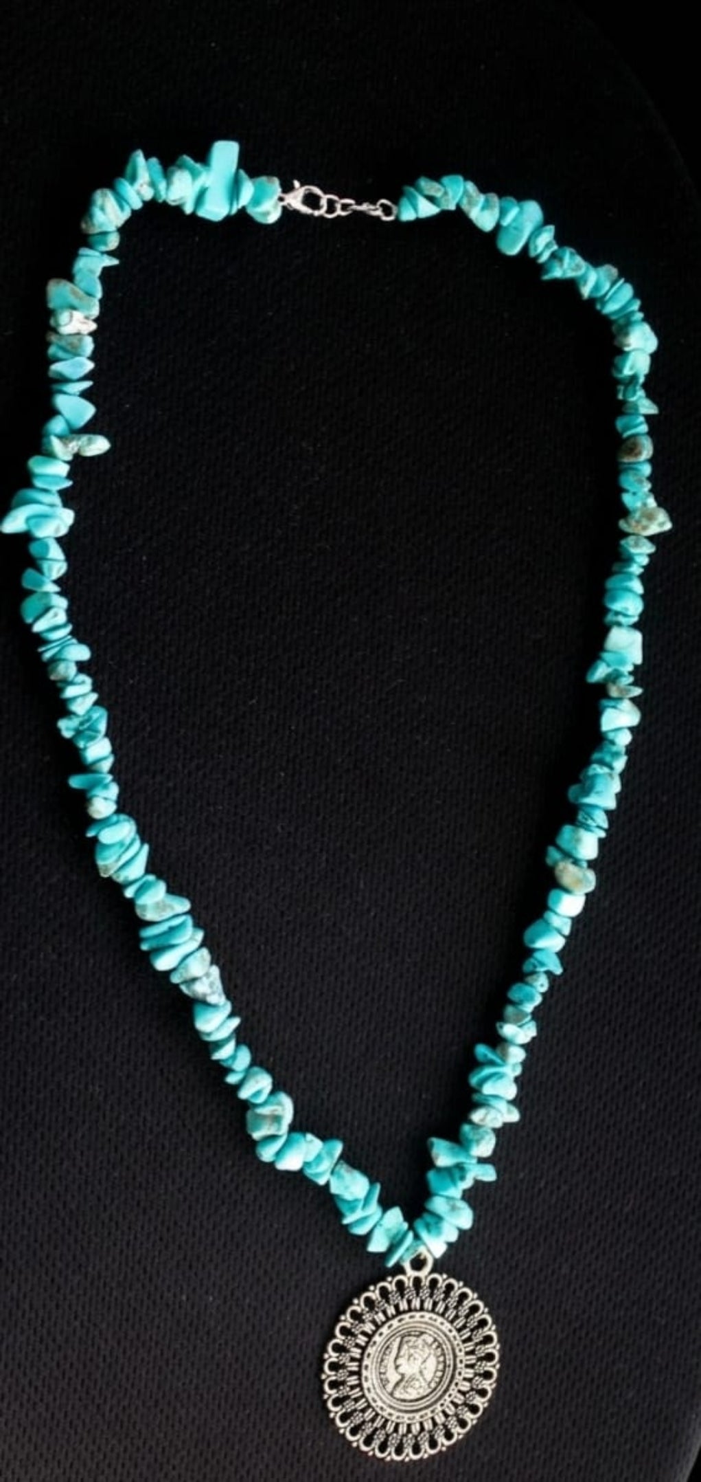 Turquoise Stone Chip Necklace with Vintage Coin Pendant