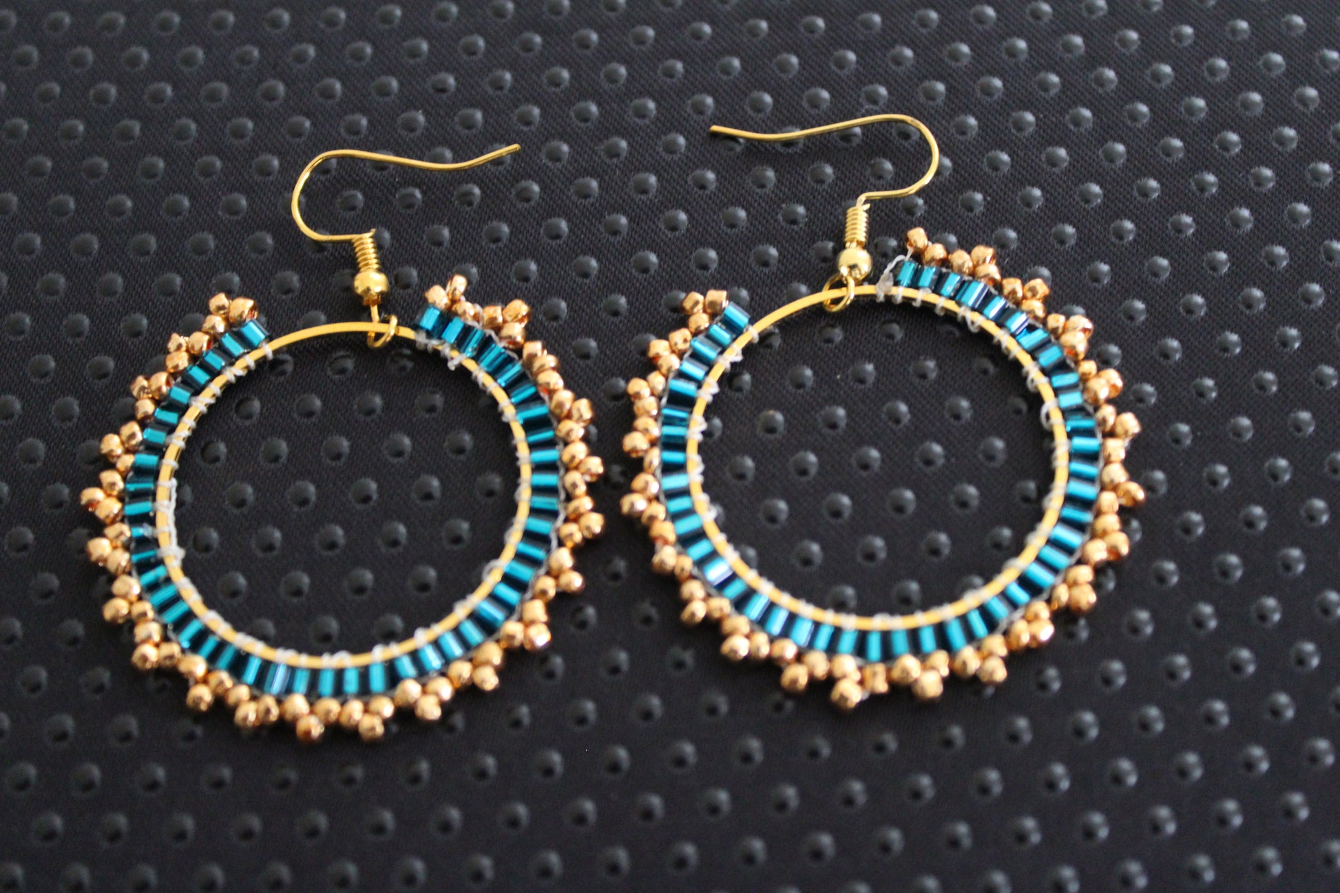 Handmade Teal & Gold Beaded Hoop Earrings