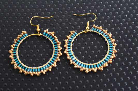 Handmade Teal & Gold Beaded Hoop Earrings