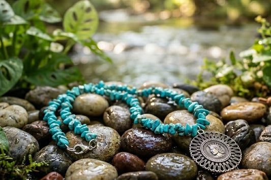 Turquoise Stone Chip Necklace with Vintage Coin Pendant